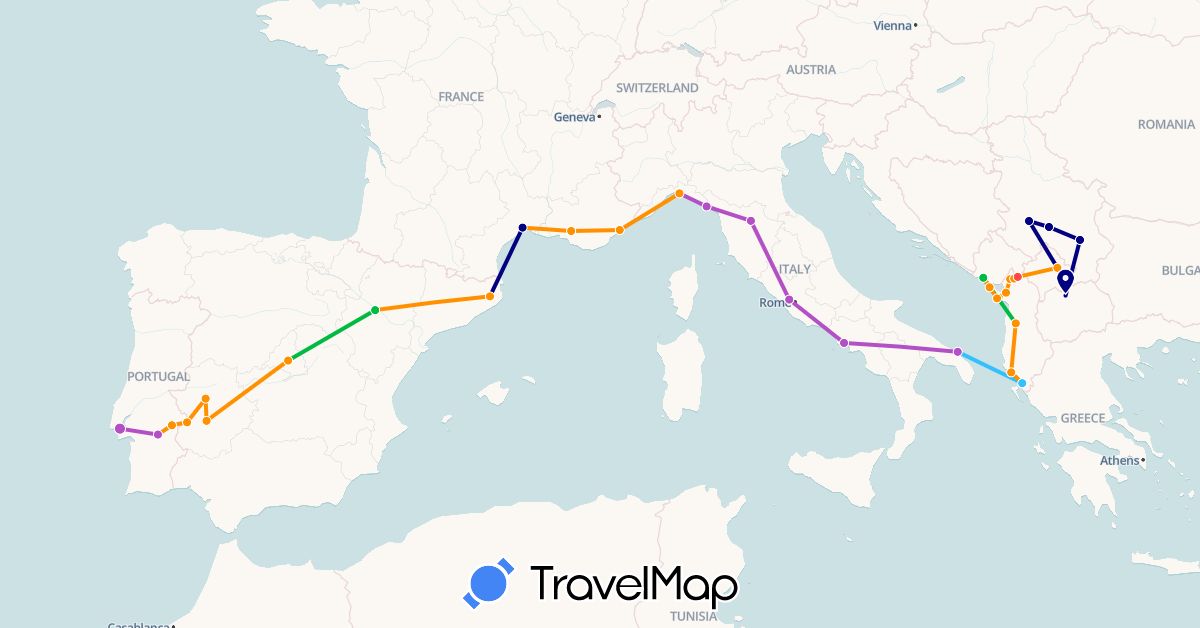 TravelMap itinerary: driving, bus, train, hiking, boat, hitchhiking in Albania, Spain, France, Italy, Montenegro, Macedonia, Portugal, Serbia (Europe)